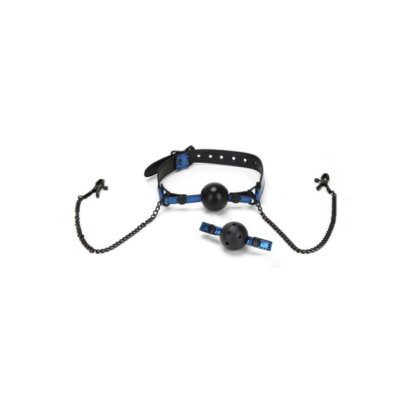 Whip Smart Diamond Ball Gag Nipple Clips - Blue