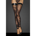 Noir Tulle Stockings W Patterned Flock Embroidery & Power Wetlook Band - Black - Large