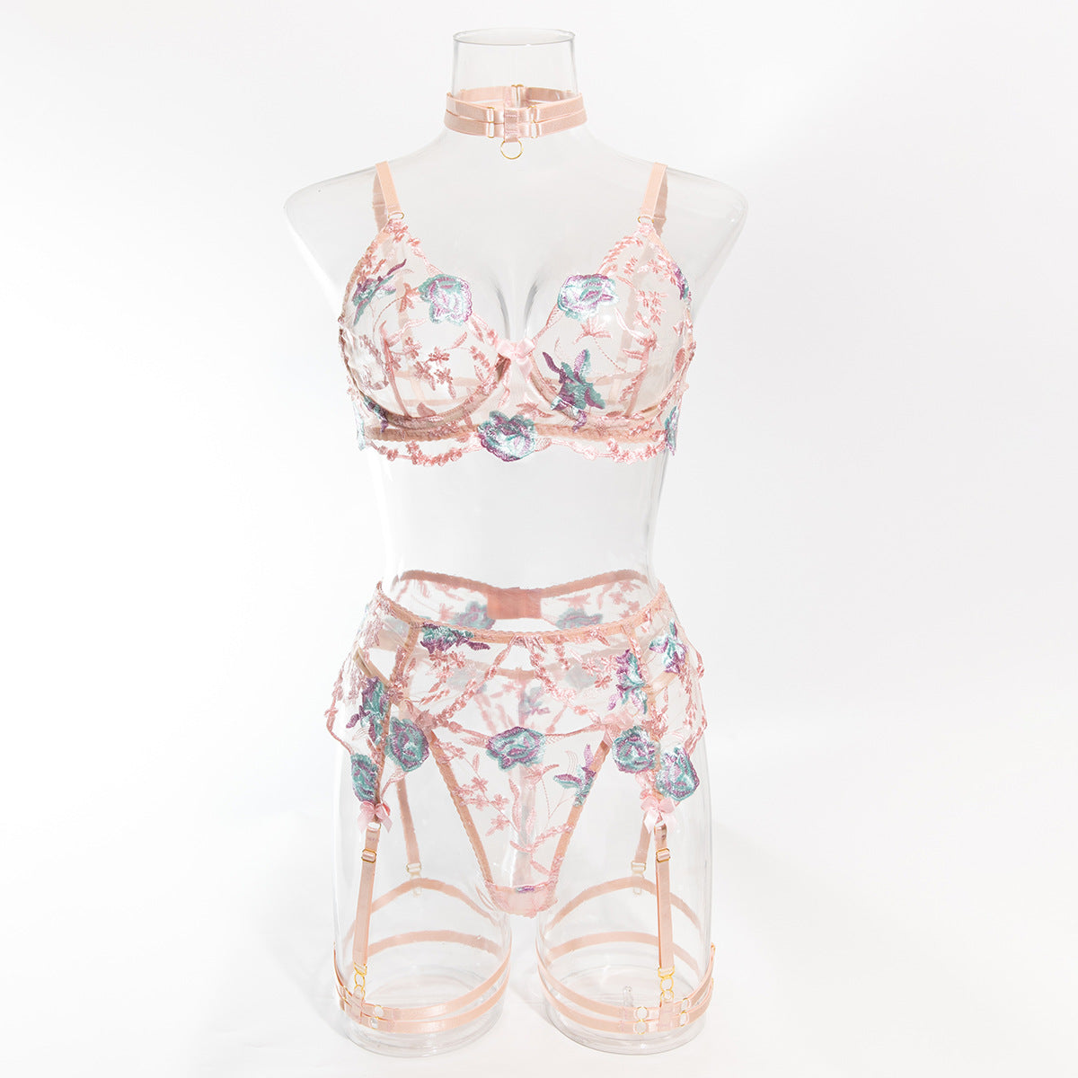 Size XL Pink Elegant Floral Embroidered Sheer 5-Piece Lingerie Set - Bra, Thong, Garter Belt, Choker & Thigh Straps