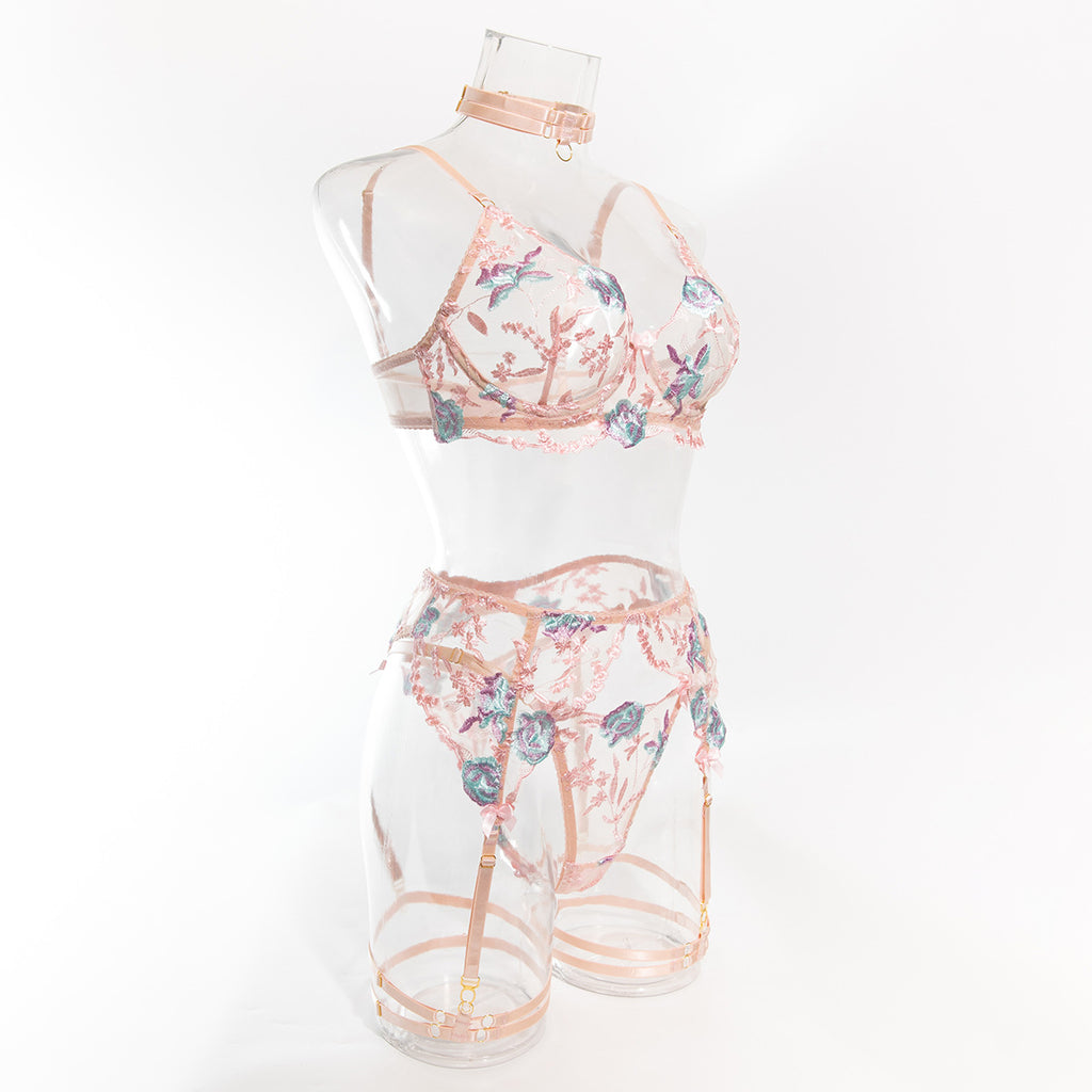 Size XL Pink Elegant Floral Embroidered Sheer 5-Piece Lingerie Set - Bra, Thong, Garter Belt, Choker & Thigh Straps