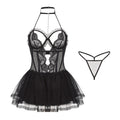 Black Sexy Sheer Lace Nightgown Set - Tempting Lingerie Uniform for Women