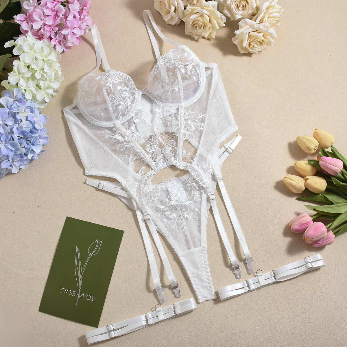 M White 3-Piece Embroidered Lace Lingerie Set with Boned Corset - Seductive Elegance